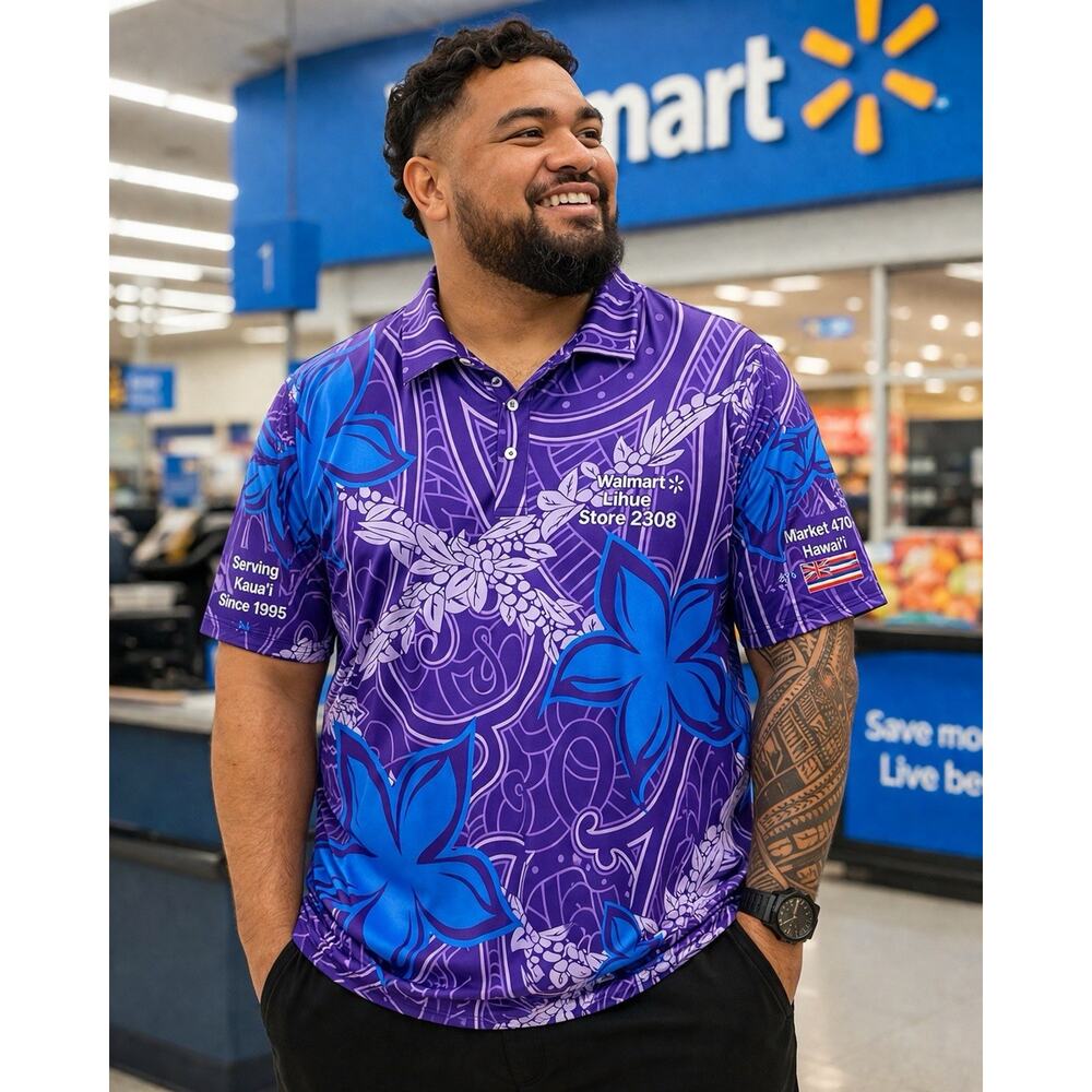 Walmart Employee Hawaii Polo Shirt 2XL Island Traditions Purple Floral Kauai